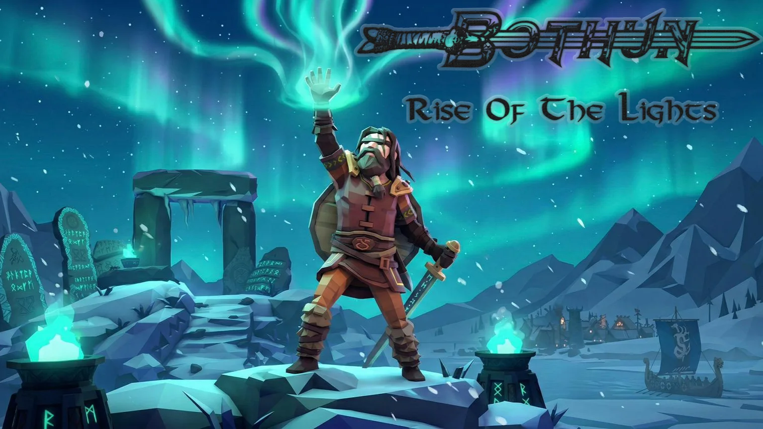 BØTHUN concept artwork: a warrior beneath the northern lights in a snowy world.